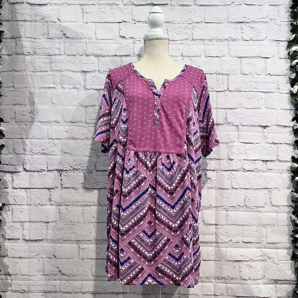 Woman Within‎ Casual Printed V Neck Short Sleeve Cotton Size 18/20 Tunic Top